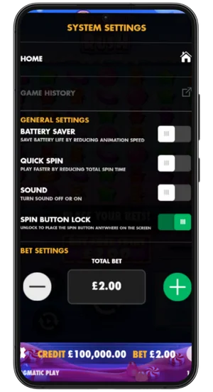 Sugar Rush System Settings